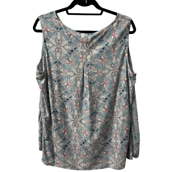 Roz & Ali Womens blouse Sz 1X Sleeveless Top With Tie Hem Blue & Pink Paisley - Picture 10 of 12